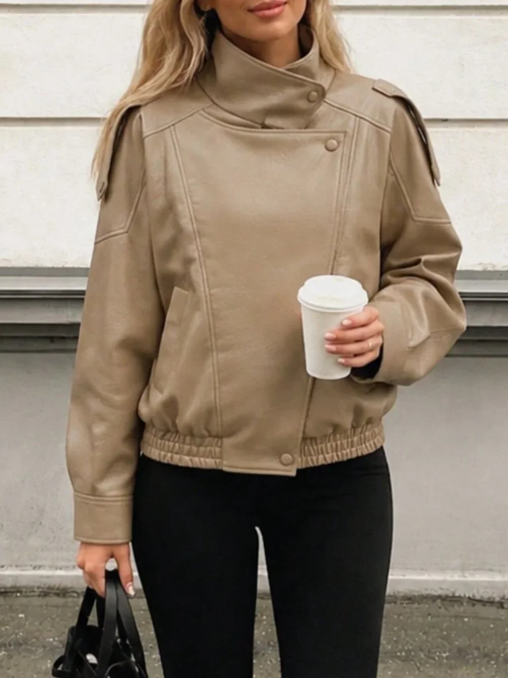Khaki Casual Women's Oversized High Collar Faux Leather Jacket